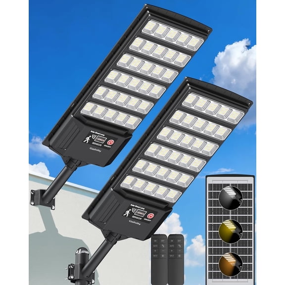 Gefolly Solar Lights Outdoor, Street Lights, Flood Security Lights-2Pack | 3000K/4000K/6000K, IP67 Waterproof Dusk to Dawn with Motion Sensor for Warehouse, Yard, Garage