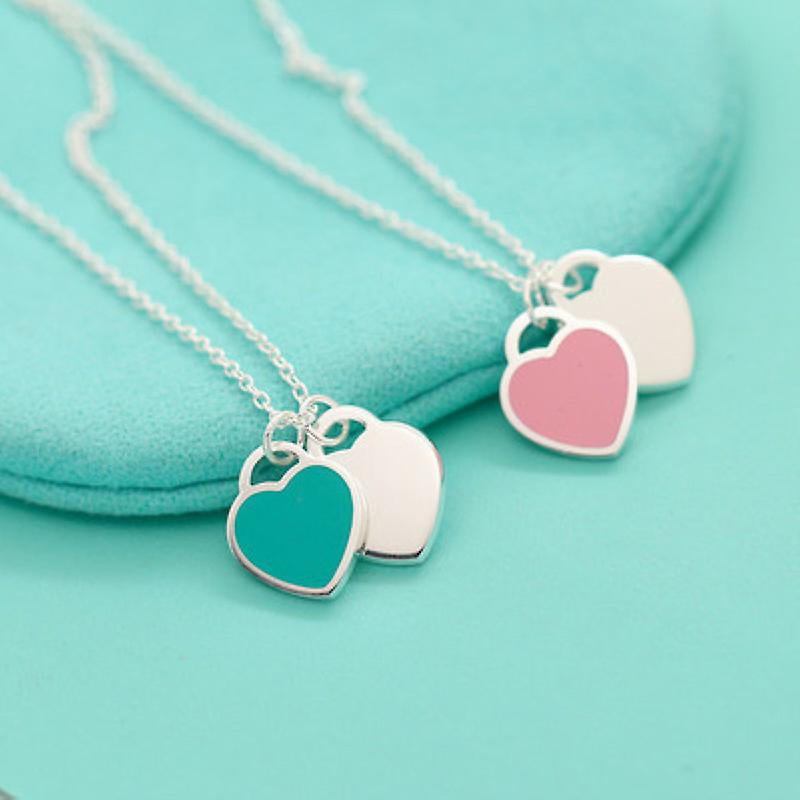 2pcs Classic Tiffany Necklace Double Heart Pendant Blue Pink