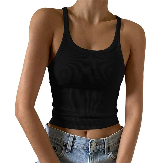 MIASHUI Women Solid Color Basic Tank Tops Summer Casual Sleeveless Tee,Black,L