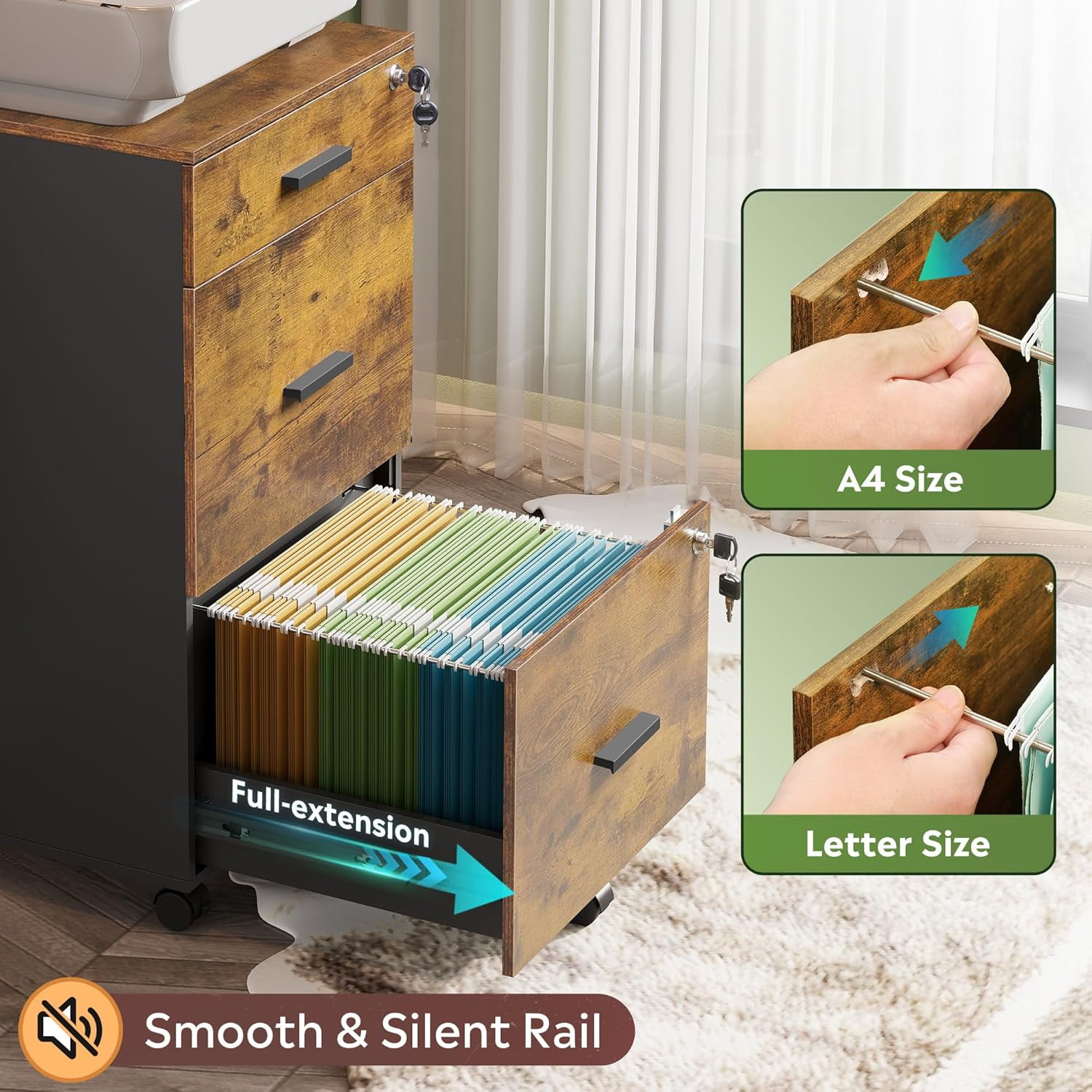 3 Drawer Rolling File Cabinet with Lock, Wood Filing Cabinet fits Letter / A4 Size for Home Office, Rustic Brown