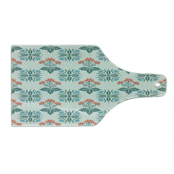 Seafoam Cutting Board, Ornate Floral Arrangement Blossoming Nature Abstract Spring Motifs, Tempered Glass Cutting and Serving Board, Wine Bottle Shape, Seafoam Teal Dark Coral, by Ambesonne