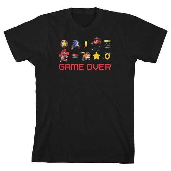 Sonic The Hedgehog Game Over Pixel Characters Boy's Black T-shirt-Medium