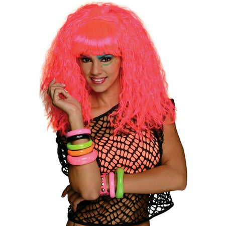 Adult Womens Rock N Rave Neon Pink Party Long Curly Wig