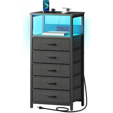 Seventable Nightstand with 5 Fabric Drawers, Bedside Table with Charging Station, Side Table with LED Lights, Night Stand Table for Bedroom, Black