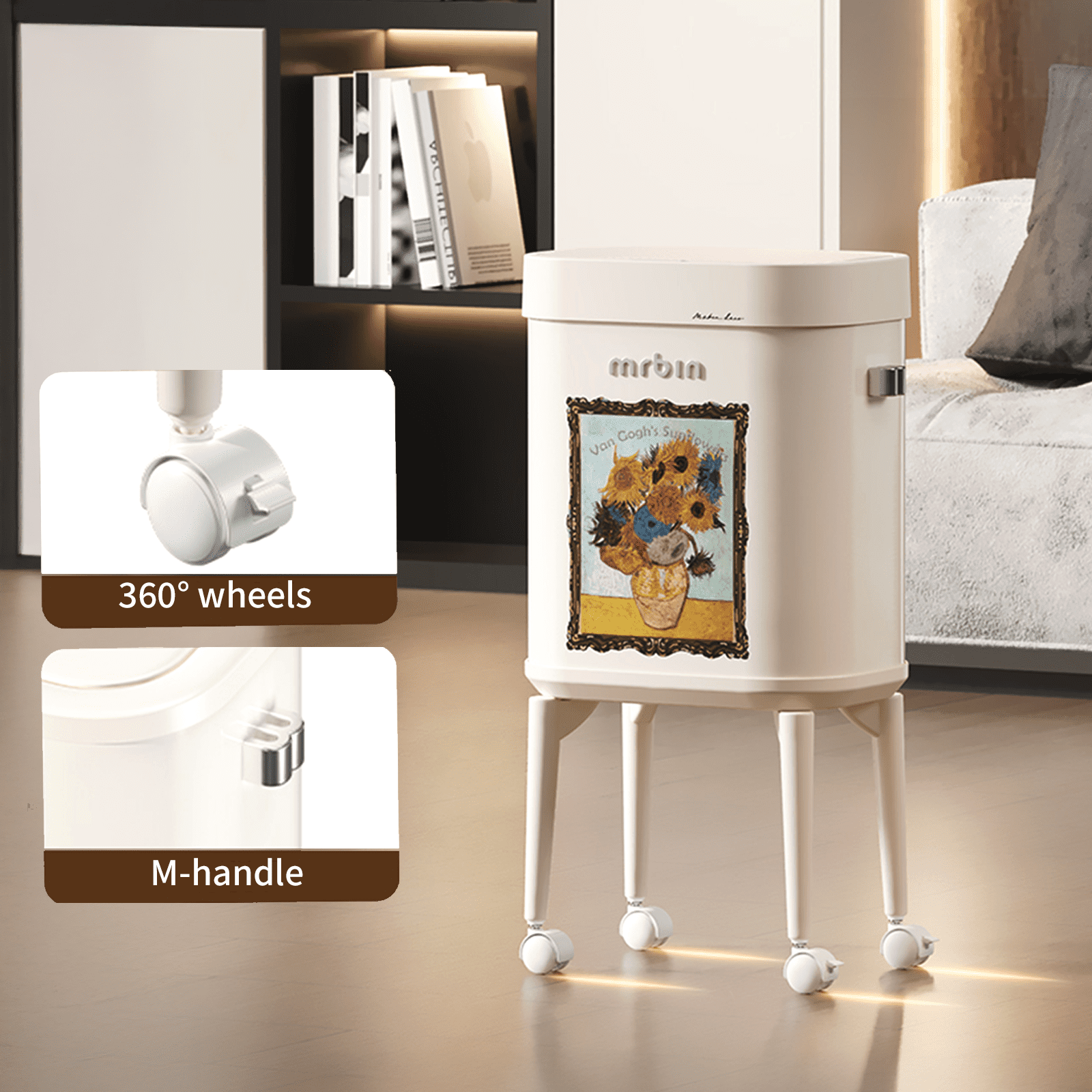 Mrbin Metal Motion Sensor Kitchen Trash Can with Wheel Legs, 15L / 4gal Metal Slim Trash Can, Pet Proof Tall Narrow Garbage Pail for Vanity, Bedroom, Bathroom, Living Room, Sunflower