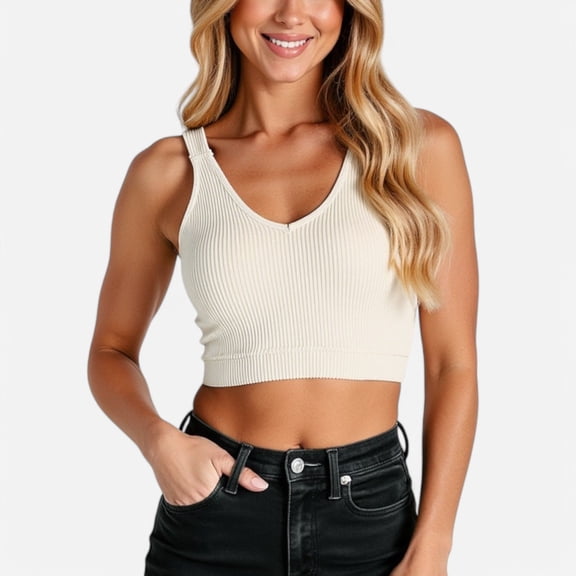 Women's Ribbed Seamless Sports Bra with Scoop Neck and Wide Straps - Medium, Khaki