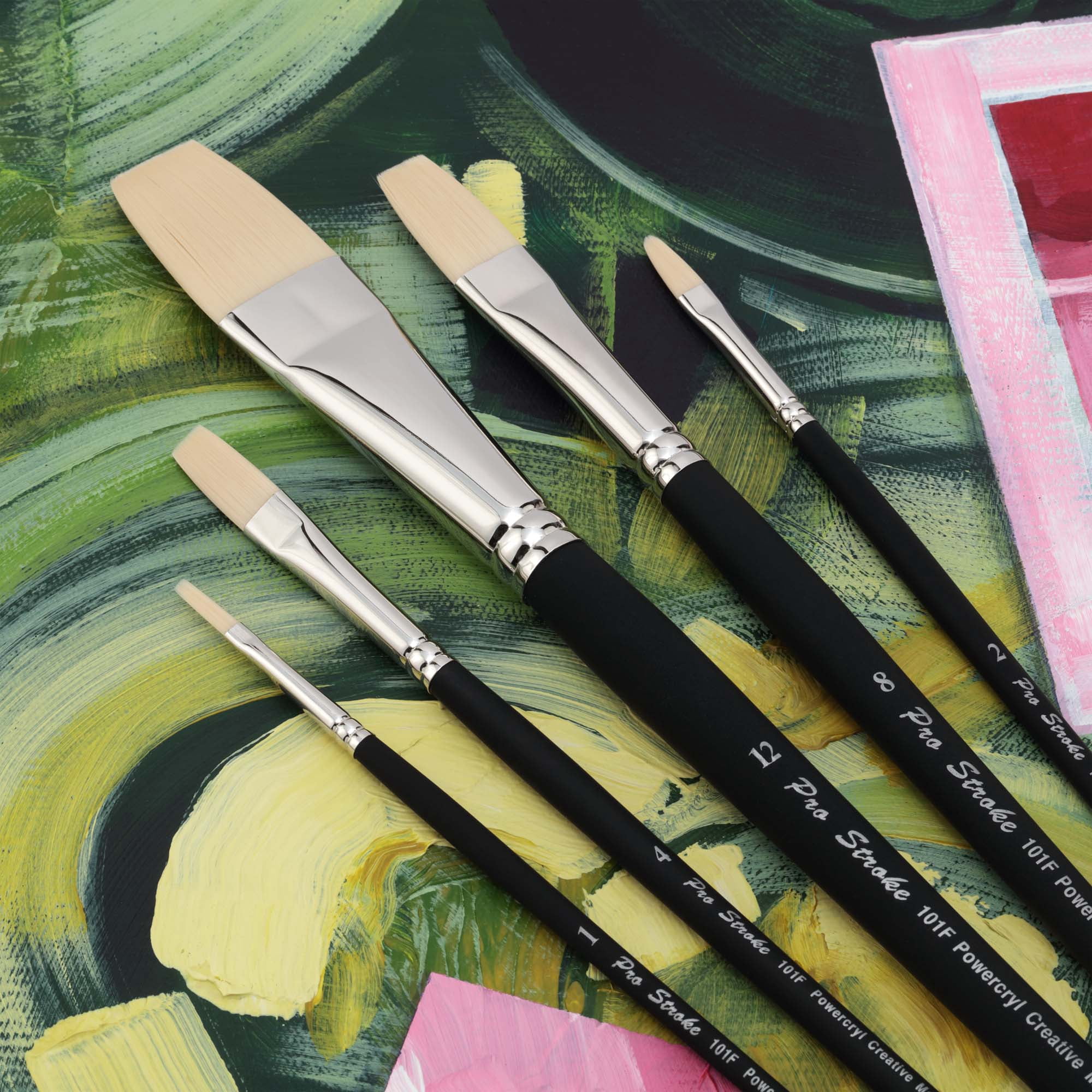 Creative Mark Pro-Stroke Powercryl Acrylic Paint Brushes - Flats Value Set of 5, Synthetic Paint Brushes for Artists, Seamless Nickel-Plated Ferrules, Matte Black Wooden Handle, Soft-Touch Grip