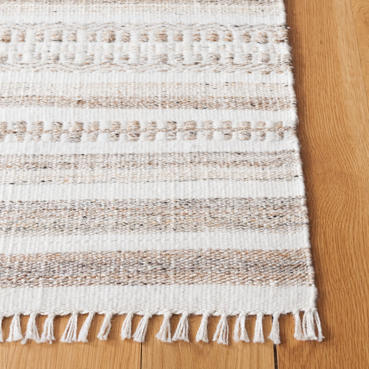 SAFAVIEH Kilim Mandy Striped Polyester Area Rug, Ivory/Light Brown, 6' x 6' Square