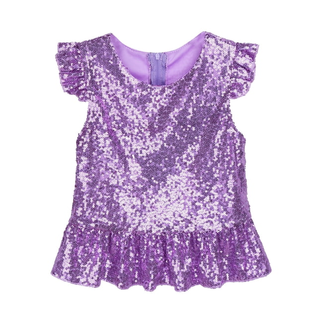 Oyolan Kids Girls Sequins Ruffled Top Mermaid Costume Flutter Sleeve Peplum Blouse for Carnival Performance Lavender 6