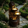 thumbnail image 2 of mdj pottery Outdoor Cascading Water Fountain with LED Lights - 25.6" Tall Resin 4-Tier Rustic Jug Water Fall for Patio, Garden, and Backyard - Brown, 2 of 8
