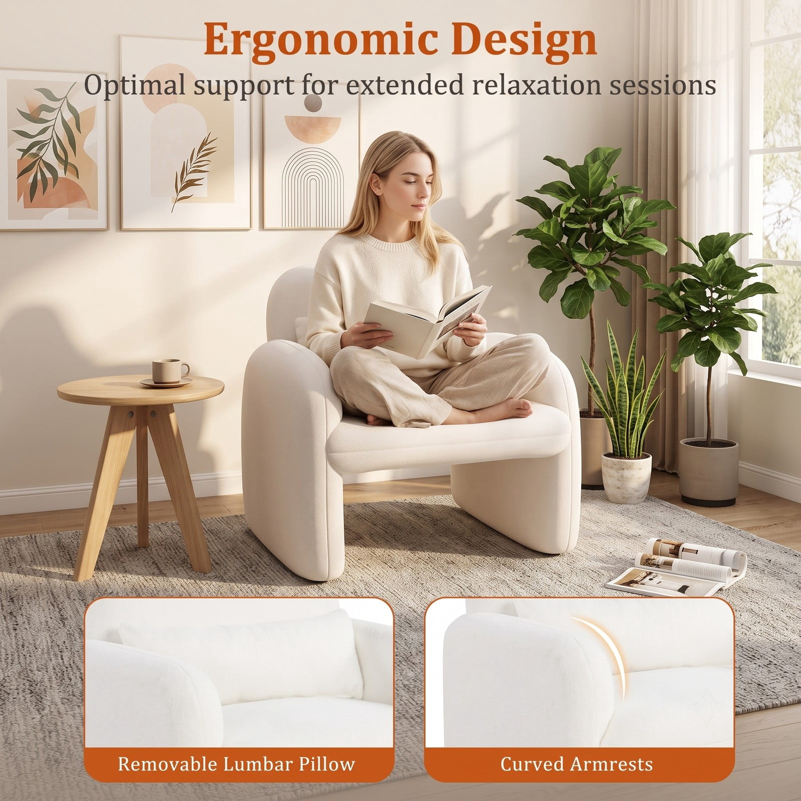 Furnibear Modern Accent Chair with Waist Pillow and Soft Armrests, Sherpa Upholstered Single Sofa Lounge Chair for Living Room, Bedroom, Office, 440 lb Weight, Beige