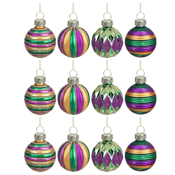 12Pcs Mardi Gras Ball Ornaments,Electroplating Hand Painted Ball Set ,2.36" Shatterproof Mardi Gras Sequin Hanging Balls Decoration for Mardi Gras Holiday Masquerade Party Decorations 2pcs