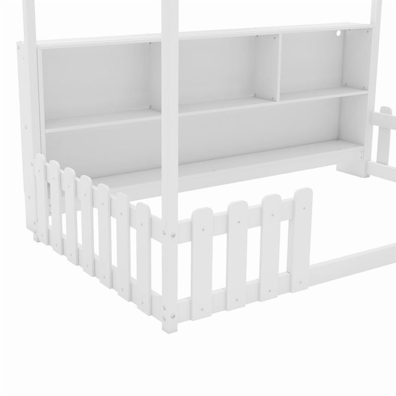 Mirightone Twin Size House Bed frame, Twin Floor Bed with High Rails & Storage Shelves, Montessori Bed with LED Light, Solid Wood House Floor Bed(White)
