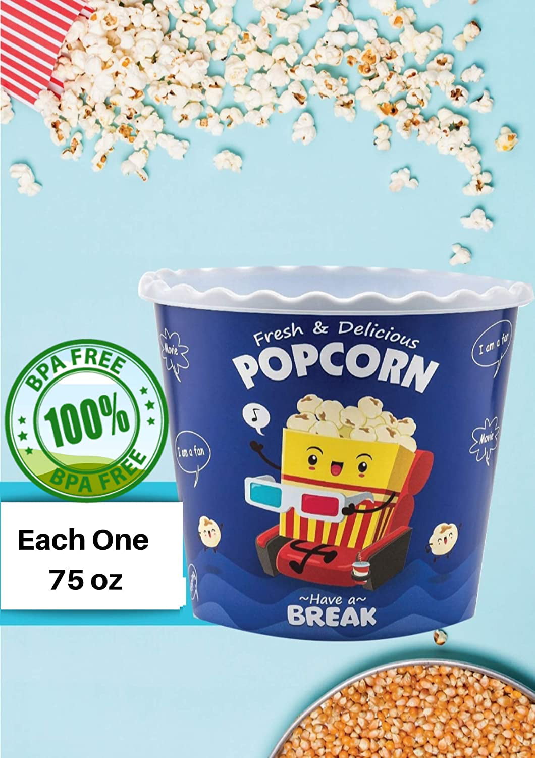 OnOn Express-Modern Style Reusable Plastic Popcorn Containers/Popcorn Bowls Set for Movie Theater Night BPA Free-4 Pack- Each One 75 oz Blue TS Washable in The Dishwasher - 