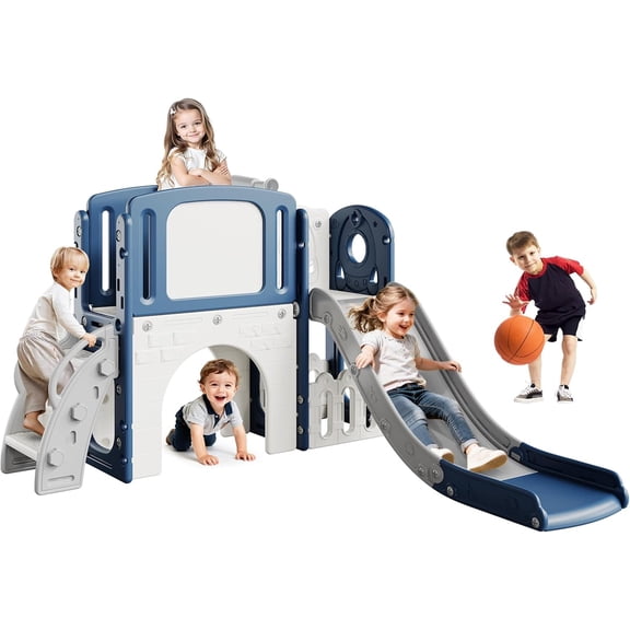 Toddler Slide for Kids,8-in-1 Indoor Outdoor Toddler Slides Playground with Basketball Hoop, Telescope, Slide Climber Playset for Outdoor Playset,Indoor,Blue