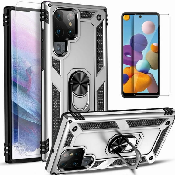 Starshop Galaxy S24 Ultra case, With Tempered Glass Protector, Drop Protection Ring Kickstand Cover Black