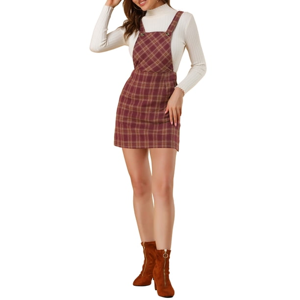 Vestido casual con tirantes ajustables de estampado a cuadros para mujer en color burdeos