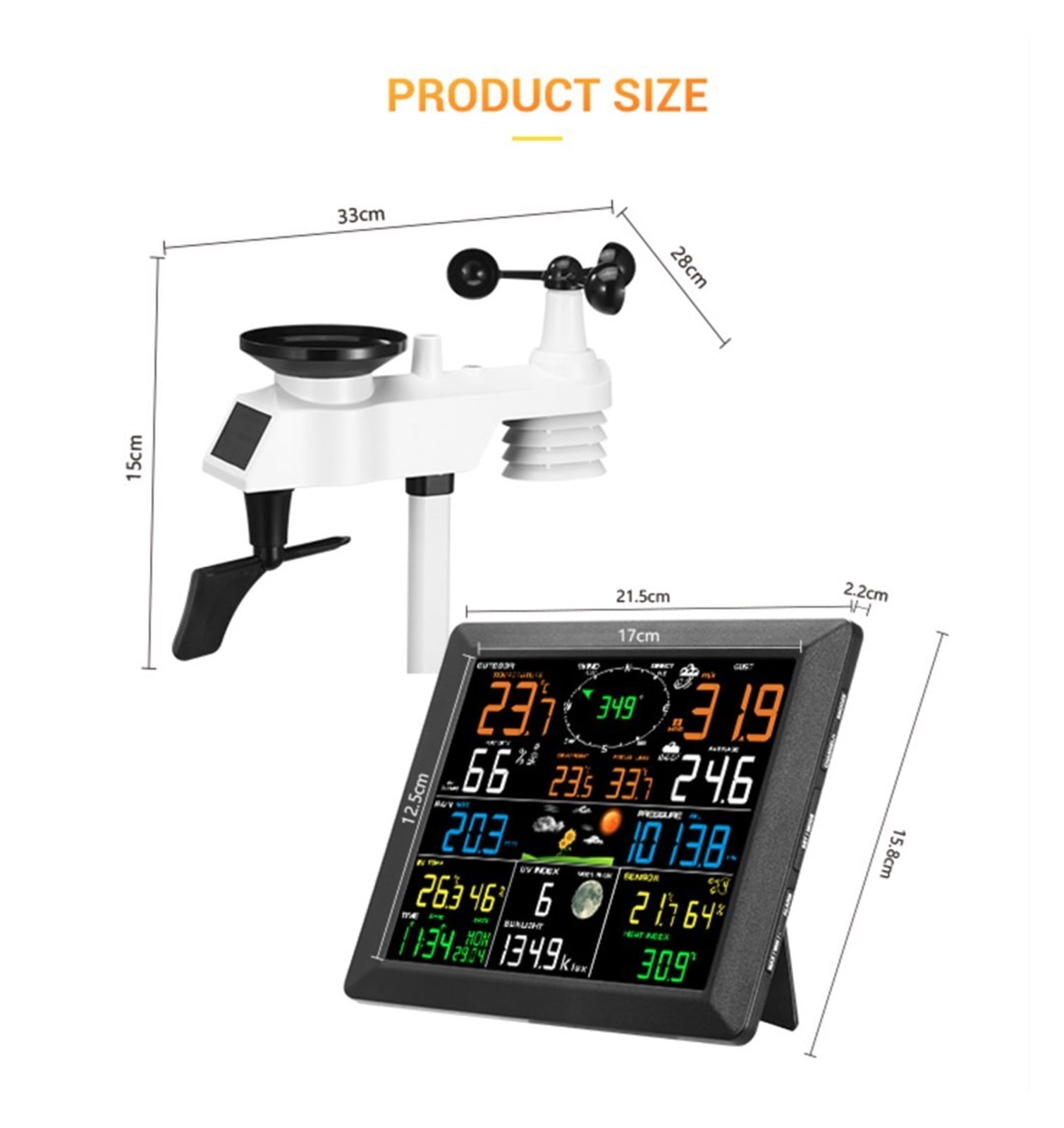 Weather Station Digital Alarm Wall Clock Indoor 2pcs Outdoor Humidity Pressure Anemometer Rain Gauge ,Easy to Install