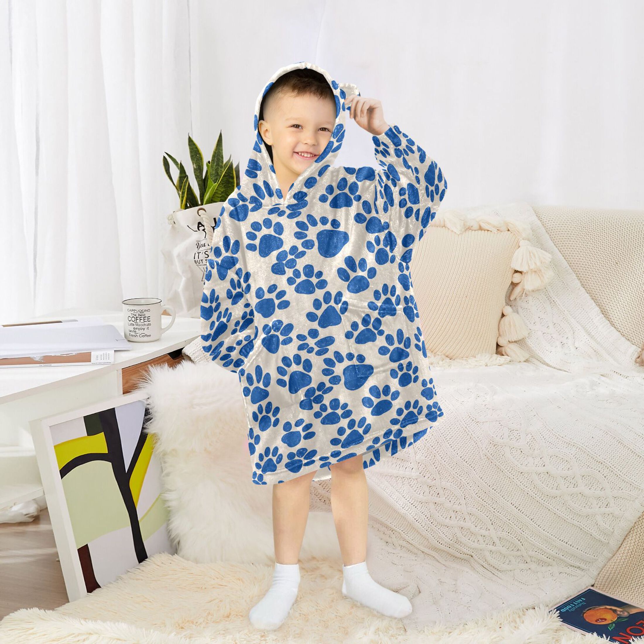 Wearable Blanket Hoodie for Kids Dog Footprints Flannel Hooded Blanket with Pockets and Sleeves Suitable for Boys and Girls