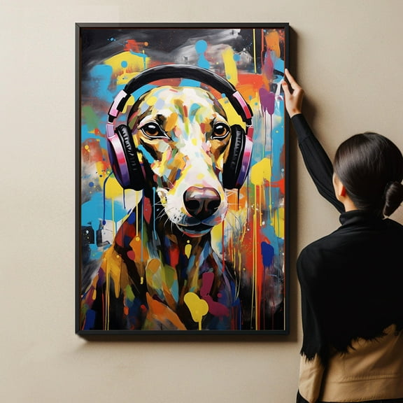 Whippet Dog Headphone Art Print Canvas, Wall art Painting Decor, Dog Canvas Art Home Decor Artwork For Bedroom Living Room Bathroom Décor