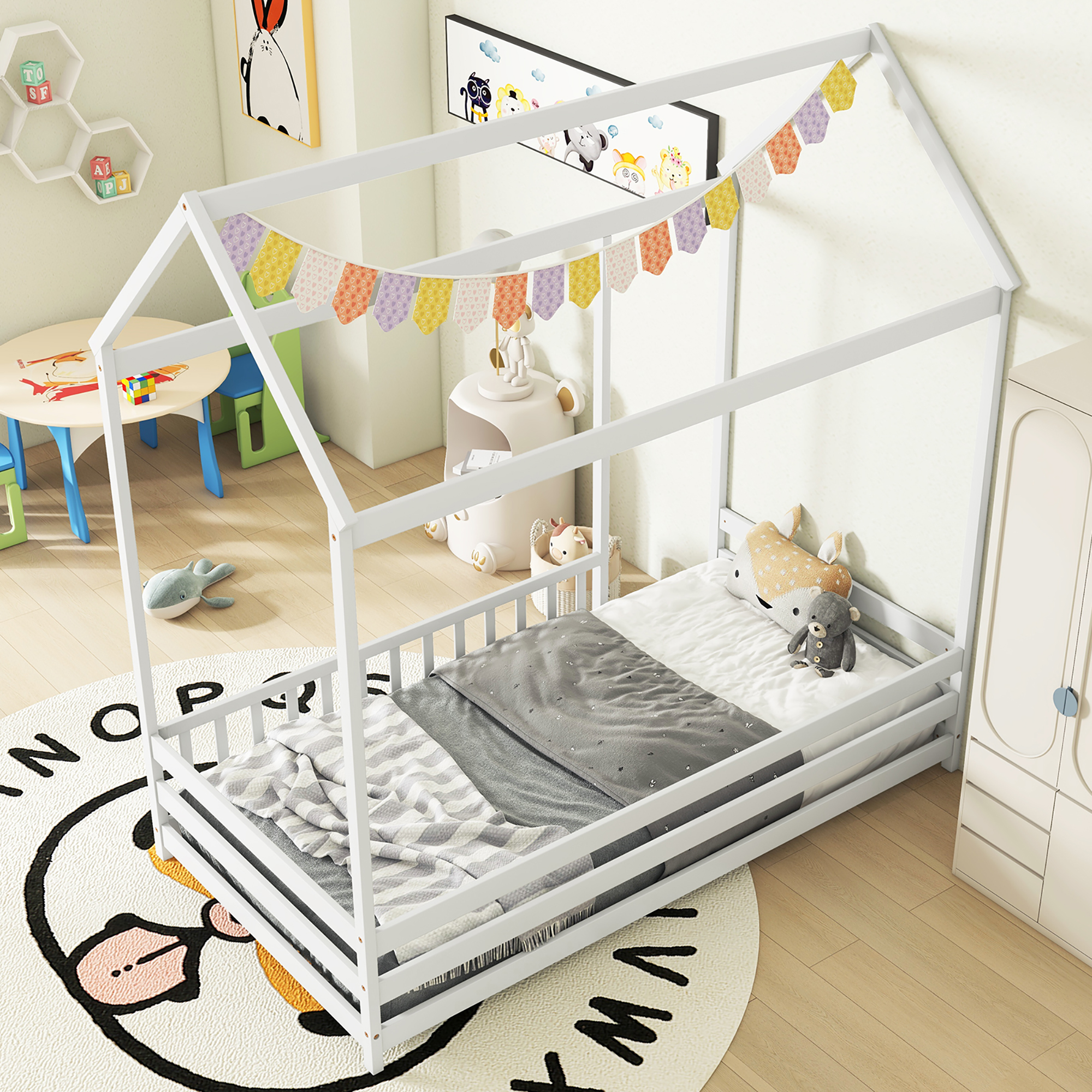 Gymax Twin Size House Bed w/ Roof & Full-length Safety Guardrail Playhouse Bed Frame White