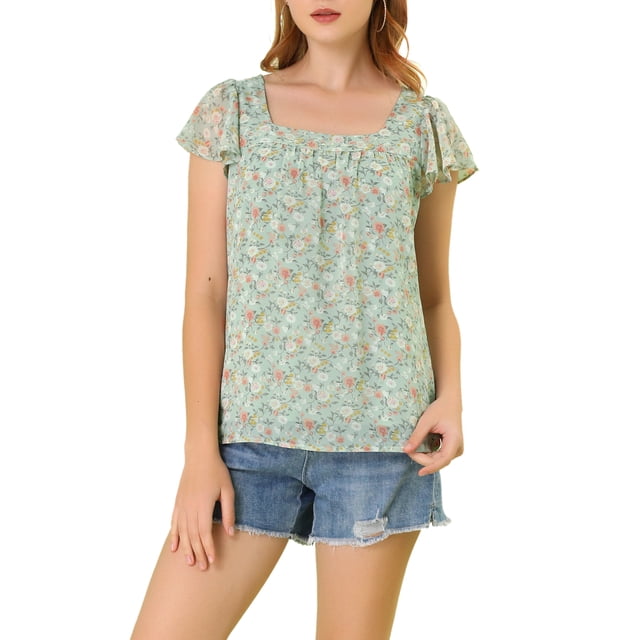 BLUSA FLORAL PARA MUJER INSPIRADA EN SAN VALENTÍN, CUELLO CUADRADO, MANGA CORTA DE CHIFÓN, CON VOLANTES, VERDE, CASUAL DE VERANO