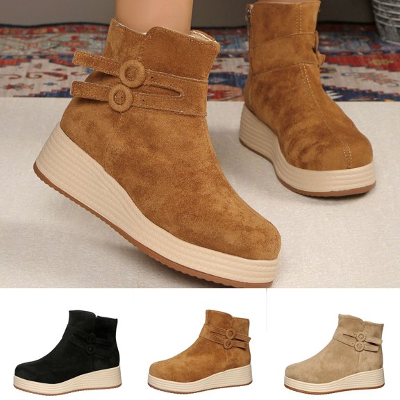 Women Suede Wedge Ankle Boots, Round Toe Double Button Strap Back Zipper Platform Booties, Casual Winter Short Boots