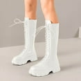 thumbnail image 2 of Rokment Vintage Platform Mid Calf Combat Boots for Women Mid Century Retro Leather Lace up Chunky Heeled Long Tall Dress Boots White Size 6.5, 2 of 5