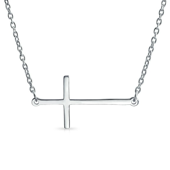 Bling Jewelry Womens Minimalist Created White Opal Flat Simple Plain Horizontal Sideways Cross Necklace Station Pendant .925 Sterling Silver