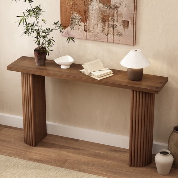 Fluted 55' Rustic Solid Wood Rectangle Console Table, Narrow Farmhouse Entry Table Behind Couch for Foyer Entrance Living Room Hallway