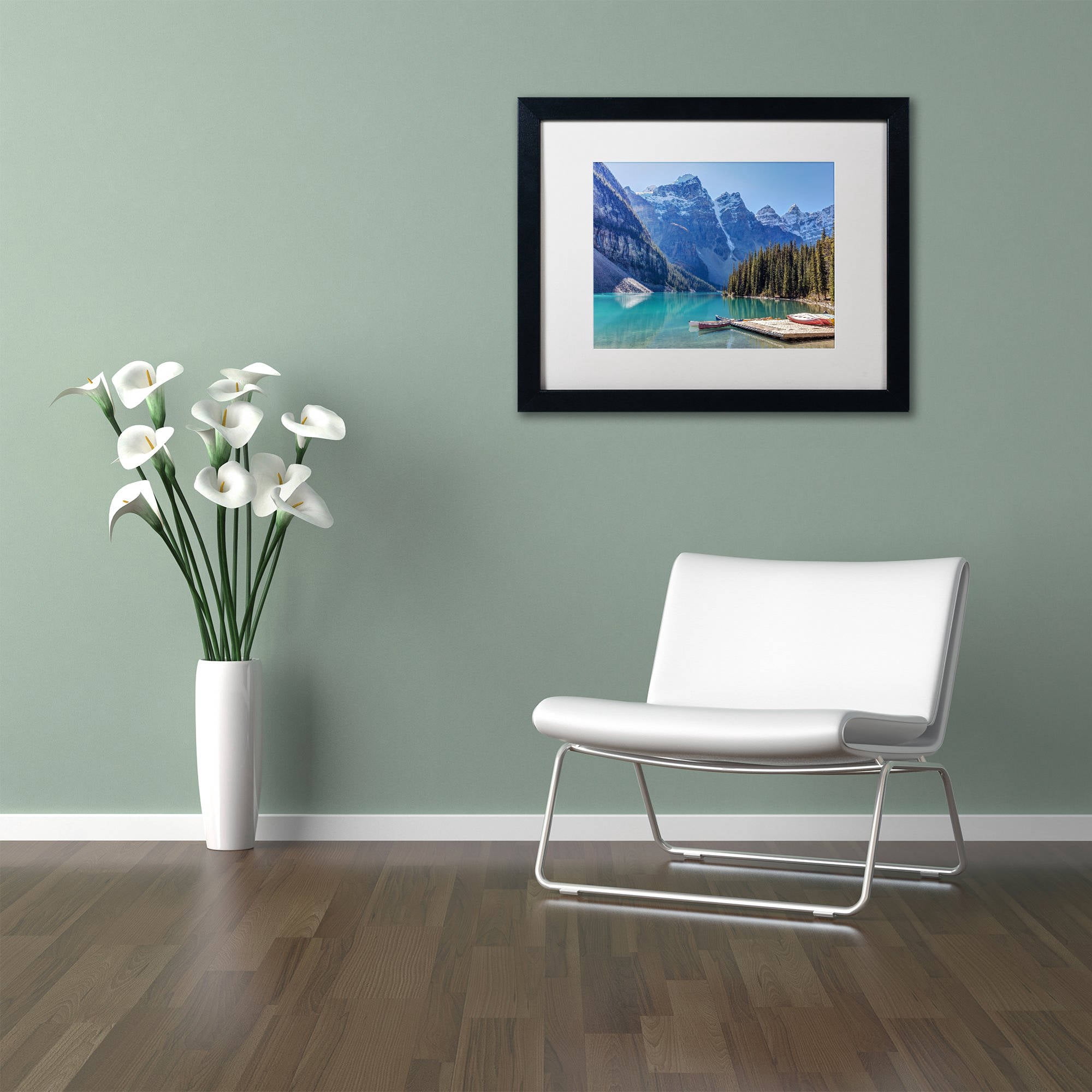 Trademark Fine Art 'Moraine Lake Canoes' Canvas Art by Pierre Leclerc, White Matte, Black Frame