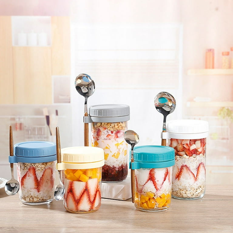 Jangslng 2 Pcs 350ML Oatmeal Cup Glass Overnight Oats Containers Airtight  Breakfast Meal Prep Glass Container Yogurt Salad Cereal Fruit Jar with Lids