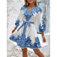 thumbnail image 4 of Vestido Mini Informal con Cuello en V, Estampado Floral, Mangas Farol y Botones para Mujer. Azul M, 4 of 7