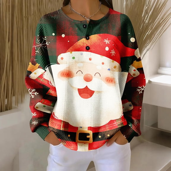 Women's Casual Christmas Print Waffle Henley Shirt Long Sleeve Top Button Up V Neck Loose Knit Fall Winter Favorite Blouse,Green,S