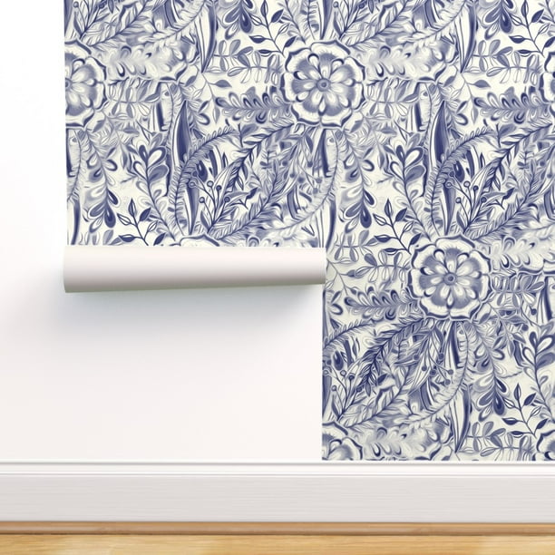 Removable Water-Activated Wallpaper Navy Blue Florals Botanical Painted
