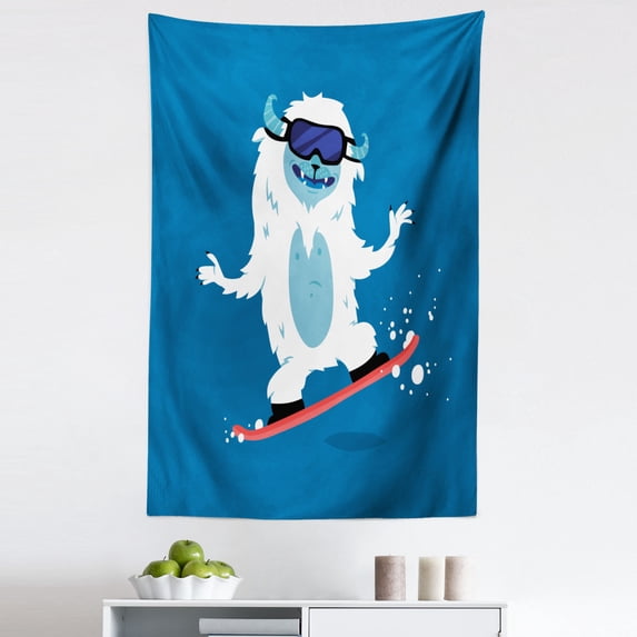 Bigfoot Tapestry, Yeti Monster Illustration While Snowboarding in Winter Theme Fantasy Monster Print, Fabric Wall Hanging Decor for Bedroom Living Room Dorm, 5 Sizes, Multicolor, by Ambesonne