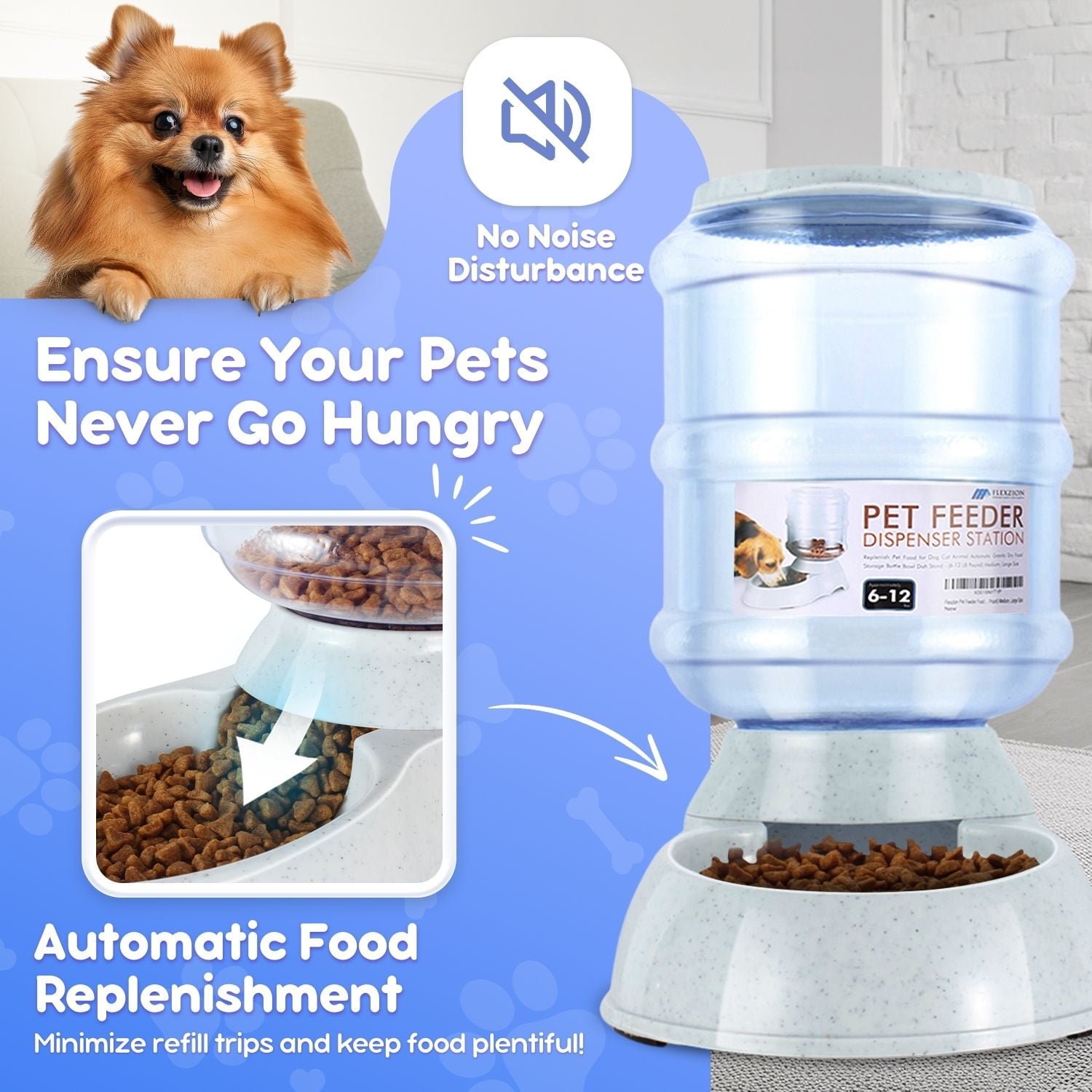 Gravity Dog Feeder, Automatic Replenish Large Dog Food Dispenser, Non-Skid, Easy-Clean, Large Capacity Dry Food Storage Bowl for Large Pet, 3 Gallon
