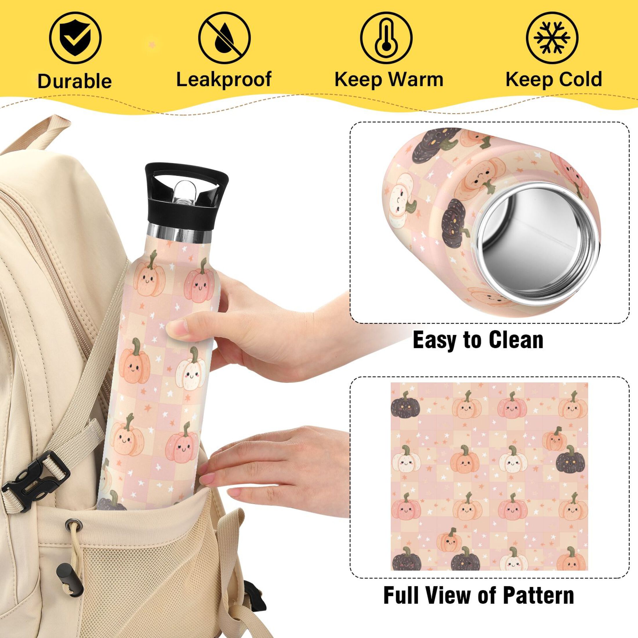 Kids Insulated Stainless Steel Sports Water Bottle 600ml (20oz) Pink and Peach Halloween Pattern