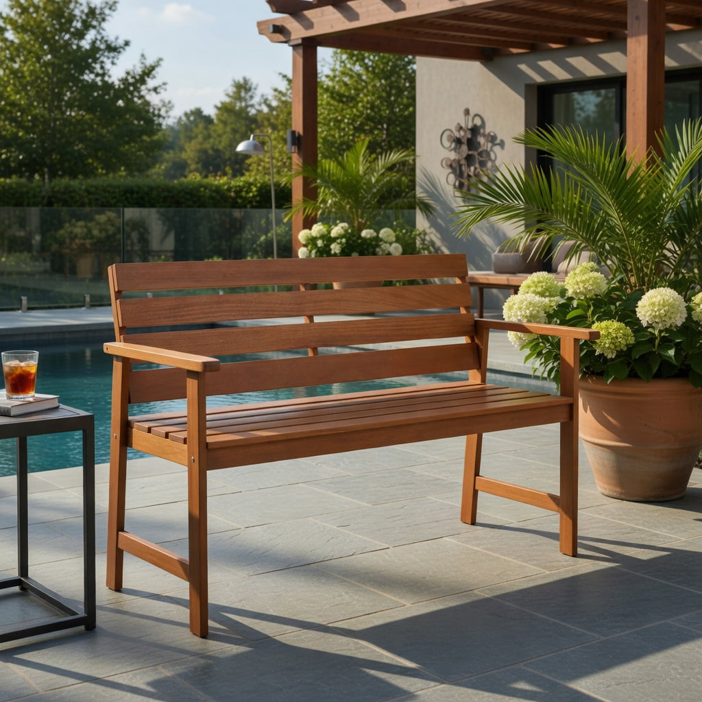 Hommoo 2-Person Solid Wood Outdoor Bench, Slatted Breathable Seat & Ergonomic 102° Inclined Backrest for Patio, Porch & Balcony, Natural
