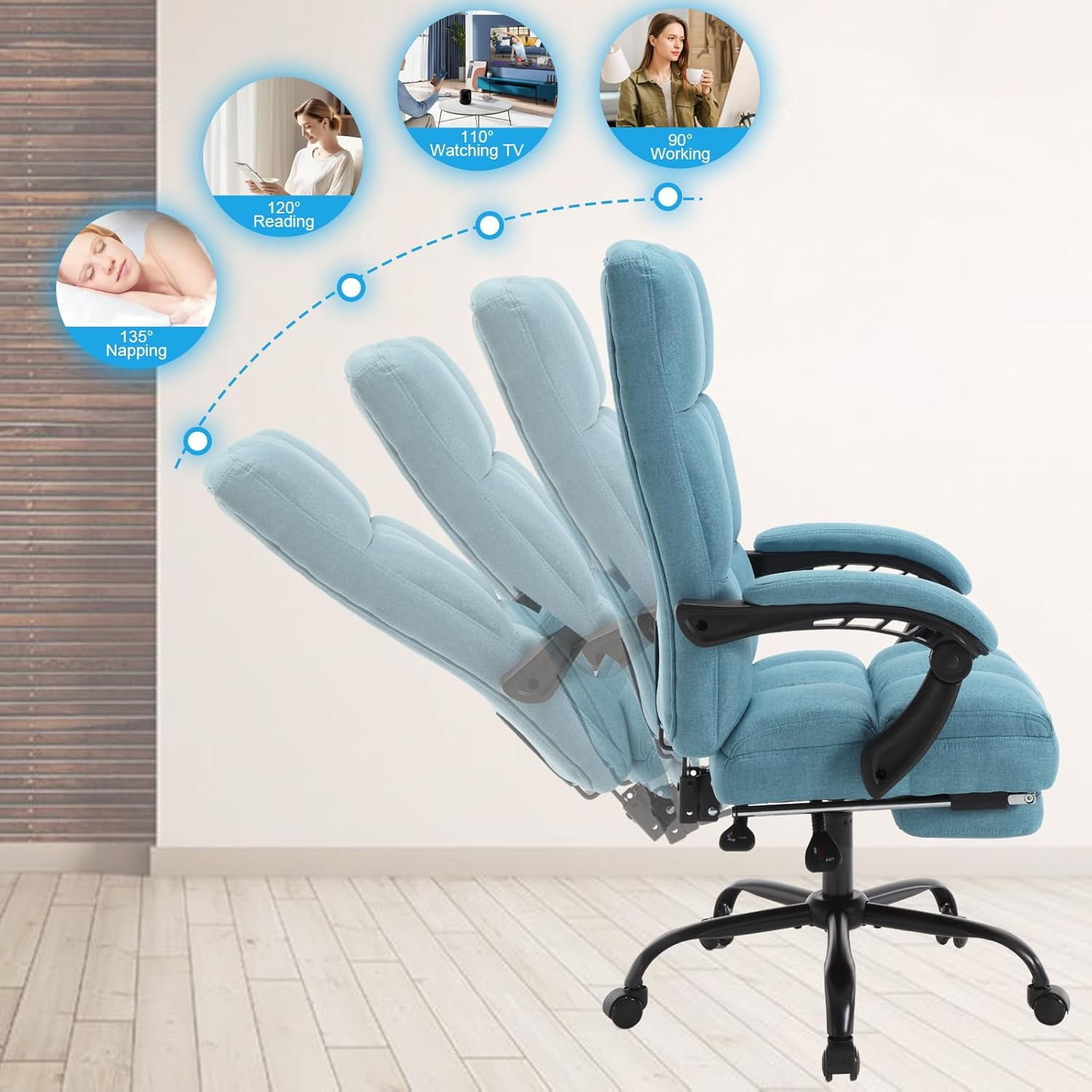 KCREAM Erogonomic Reclining Office Chair with Footrest, High Back Fabric Cute Comfortable Recliner Office Desk Chair with Leg Foot Rest for Women,Blue