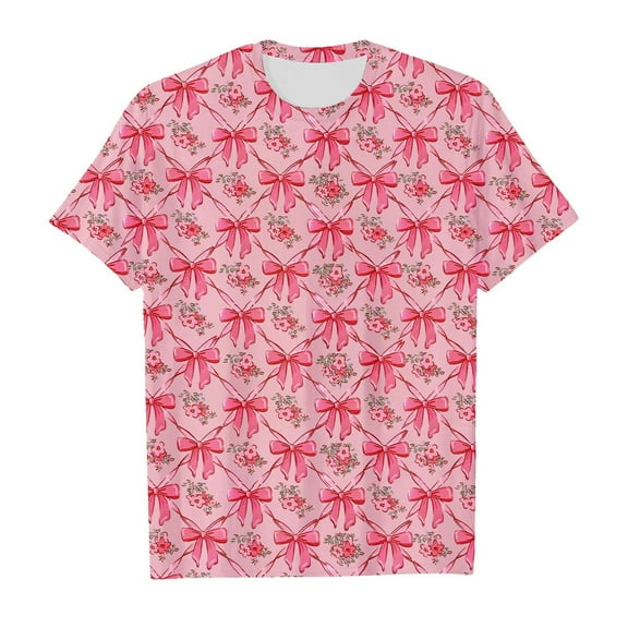 Tisuna Pullover Shirt For Girls Child Cartoon Print Short Sleeve Crew Neck Tops Breathable Casual Kids Summer Beach Outfits Pink Size 11-12 Years