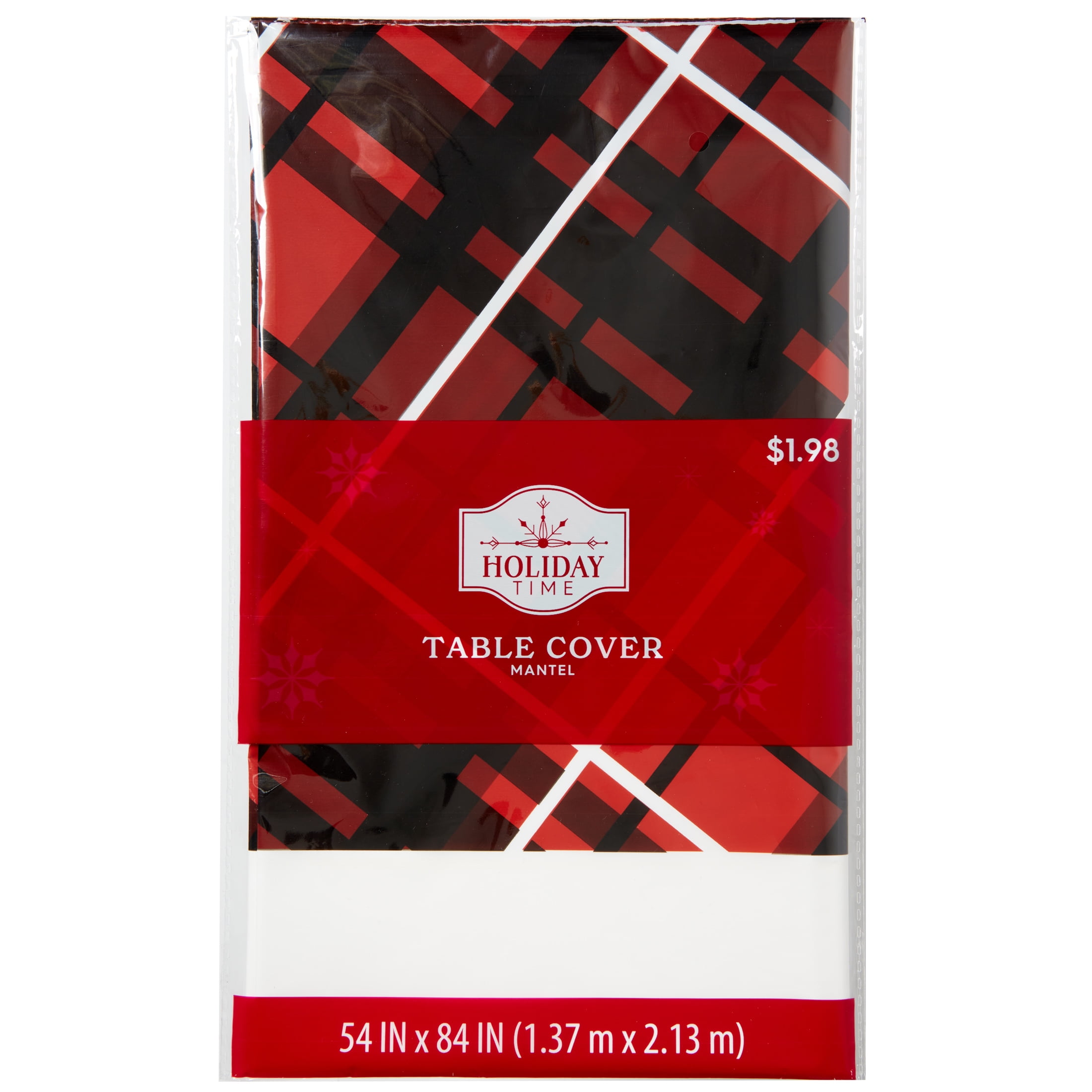 Holiday Time Plaid Table Cover, Red, White, Black, 54" x 84", Disposable Plastic, Christmas Partyware, 1 Count