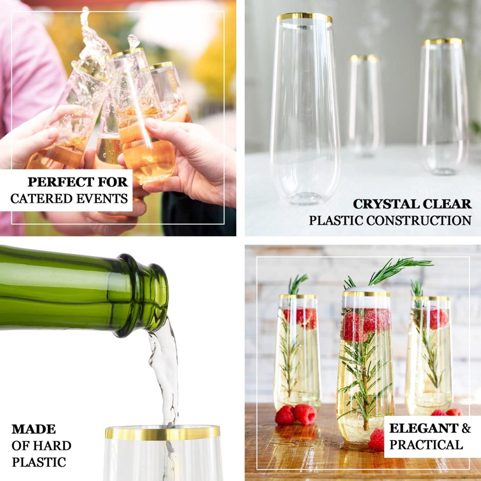 ZOURIH 24 Pcak Champagne Flutes Plastic, 9 Oz Resuable Stemless Mimosa Gold Rim Toasting Glasses, Clear Crystal Plastic Cocktail Cups for Party Wedding Birthday,Clear