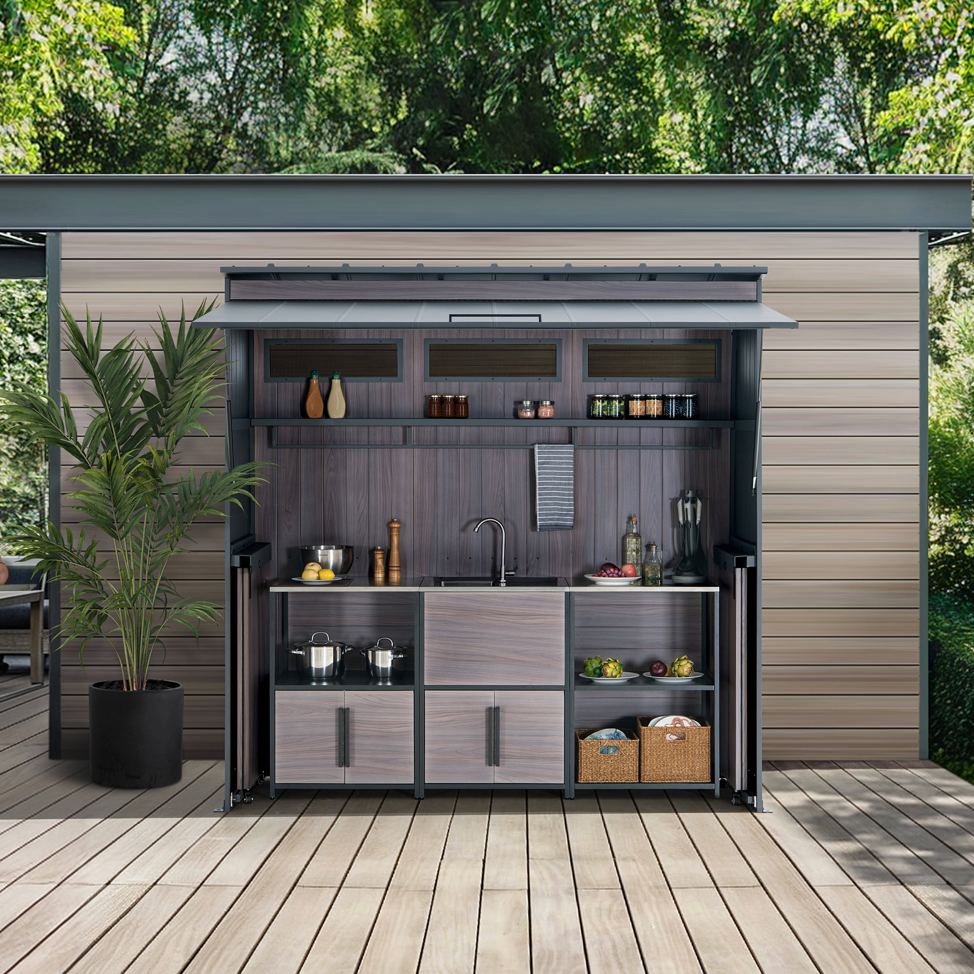 Sunjoy 7 x 3 Ft. Outdoor Kitchen Island Grill Station with Overhead Lift-Up Door and Folding Sliding Doors for Compact Space