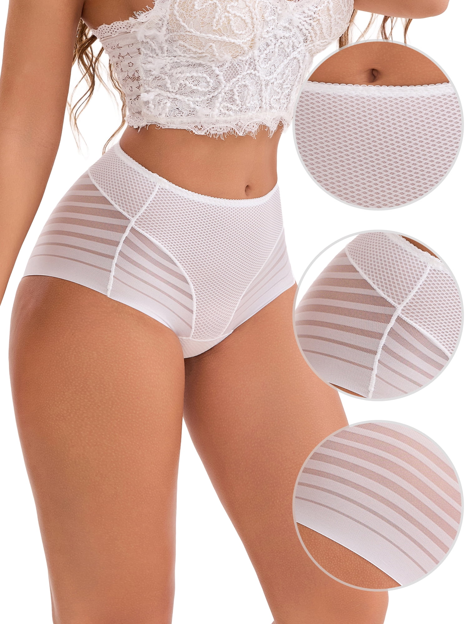 DARING DIVA Women's High Waisted Tummy Control Lace Mesh Underwear Briefs XL White