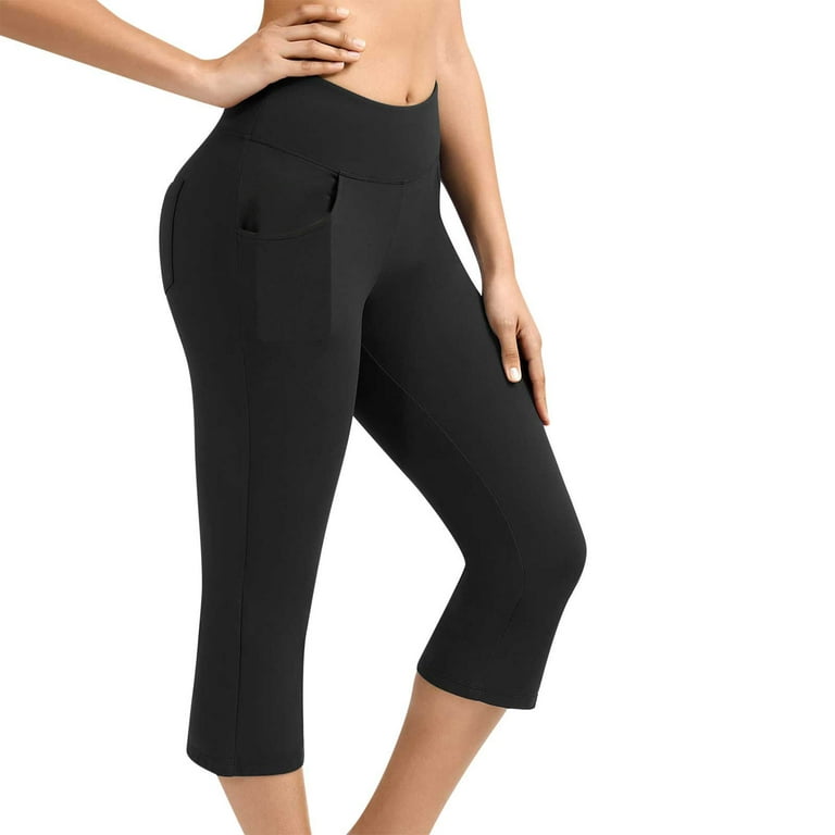 Clearance Solid Color Cropped Pants Women's Knee Length Leggings High  Waisted Yoga Workout Exercise Capris For Casual Summer With Pockets Black XL