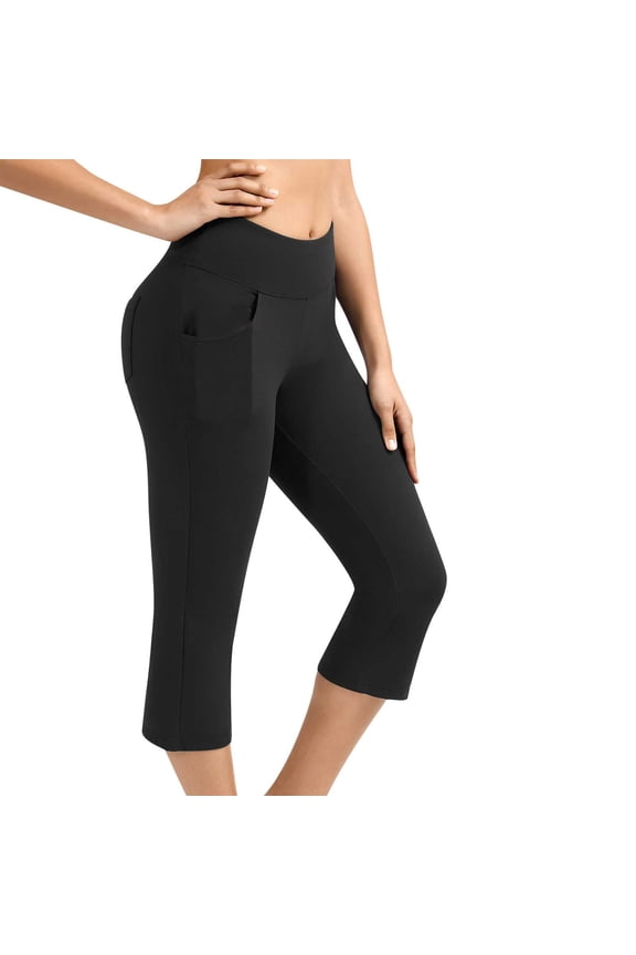 Women's Cropped Yoga Pants Regular Fit Solid Color High Elastic Leggings with Pockets Summer Breathable Gym Workout Exercise Pants Black S
