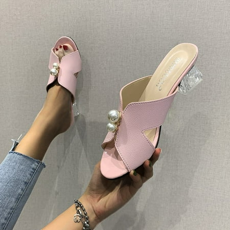 

Cathalem Women Summer Pearl Fish Mouth Sandals Thick With Wear High-Heeled Fashion Causal Fuzzy Sandal Slippers Women Pink 7.5