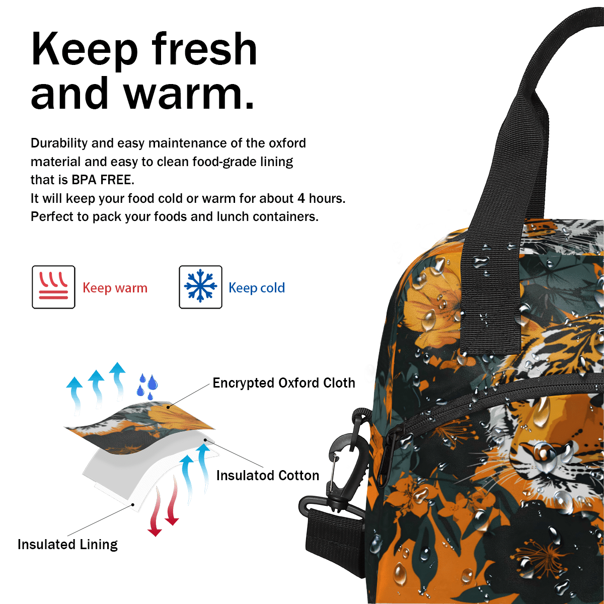 Herdesigns Tiger Insulated Lunch Bag for Women Men Adults Large Reusable Lunch Box Animal Leakproof Cooler Tote Bags with Adjustable Shoulder Strap
