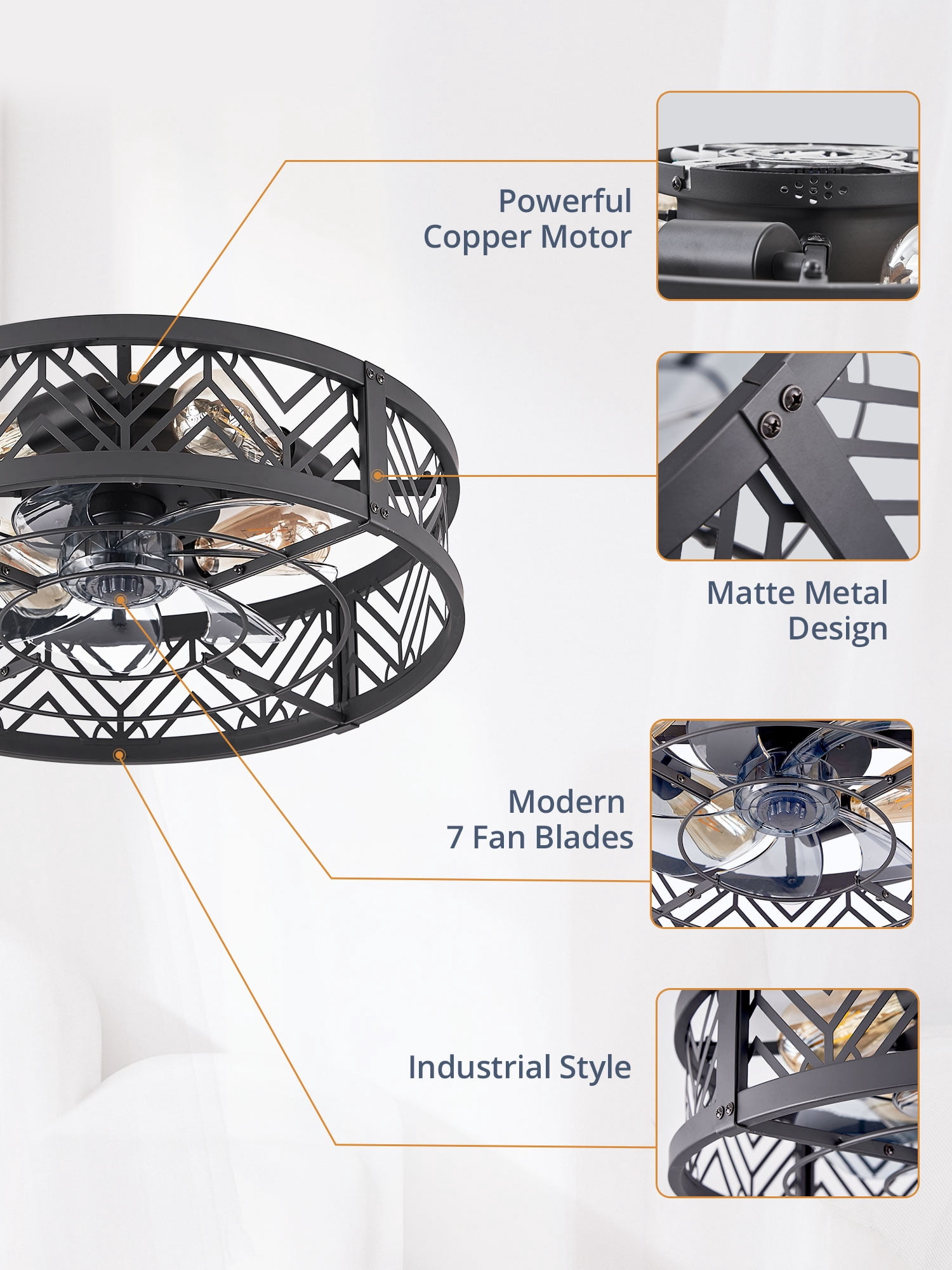 Lokivas 20in Bladeless Caged Ceiling Fan with Light, 6 Speeds Quiet Motor, App & Remote Control